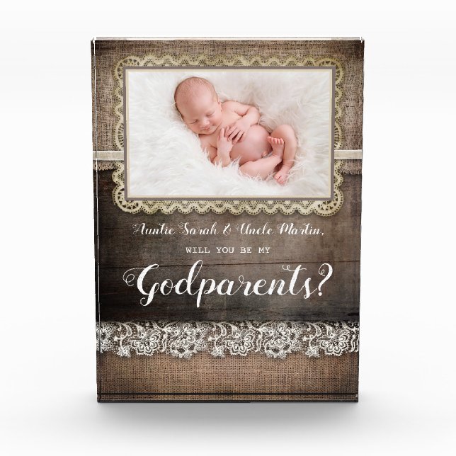 Rustic Will You Be My Godparents Proposal Photo Block (Front)