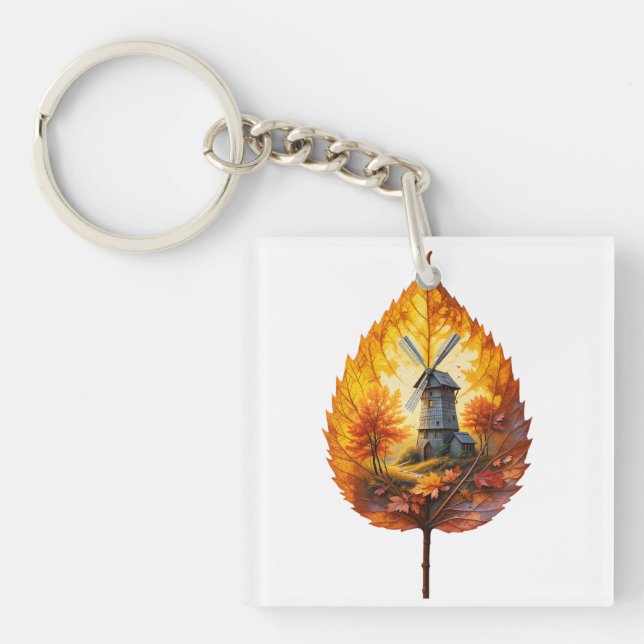Rustic Windmill in Autumn Glow Keychain (Front)