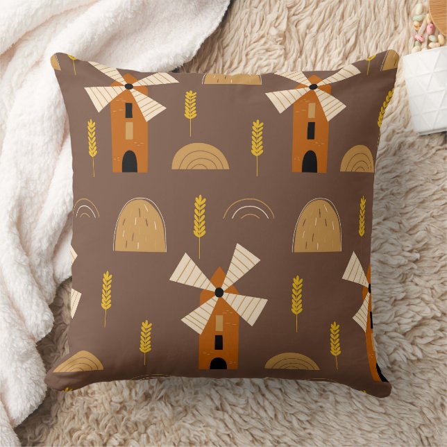 Rustic Windmill & Wheat Harvest Seamless Pattern Throw Pillow (Blanket)