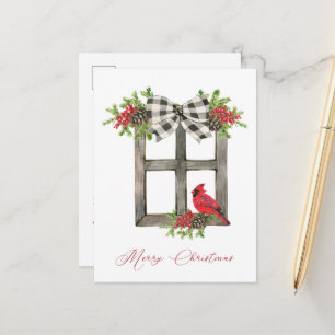 Rustic Window with Red Cardinal, Bow, Greenery Postcard