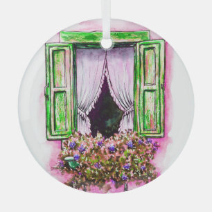 Rustic Windows: Watercolor Sketch Provance. Glass Ornament
