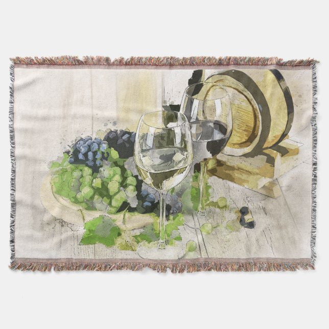 Rustic Wine Barrel Glasses and Grapes Throw Blanket (Front)