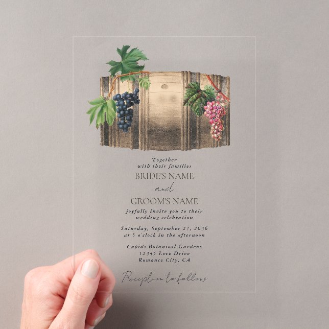 Rustic Wine Barrel Winery Vineyard Wedding Acrylic Invitations (Insitu (Handheld))
