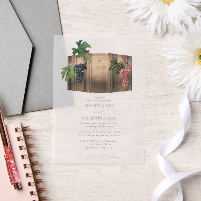 Rustic Wine Barrel Winery Vineyard Wedding Vellum Invitations (Wedding)