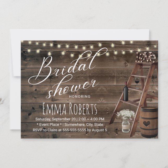 Rustic Wine Barrel & Wooden Ladder Bridal Shower Invitation (Front)