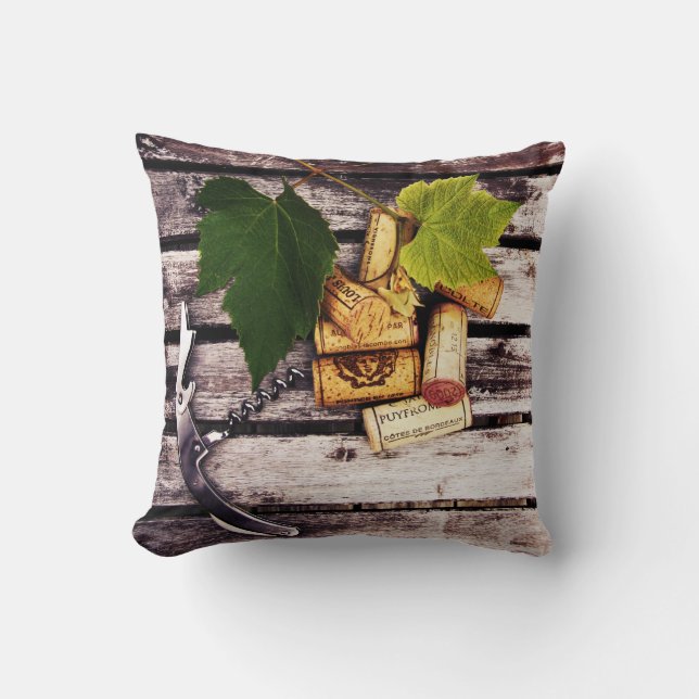 Rustic wine bottle corks and corkscrew throw pillow (Front)