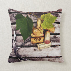 Rustic wine bottle corks and corkscrew throw pillow