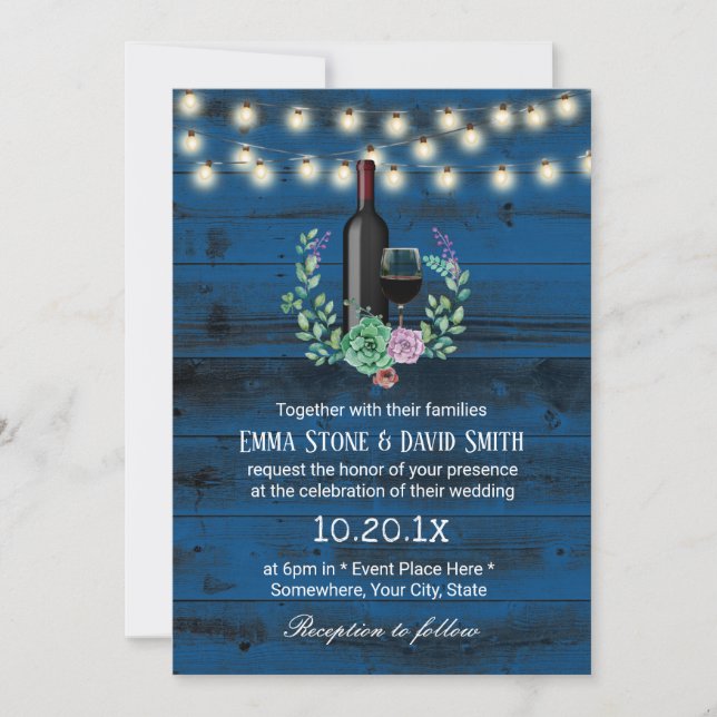Rustic Wine Bottle Elegant Navy Barn Wood Wedding Invitation (Front)