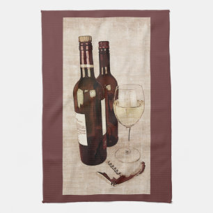 rustic wine bottles and a glass of wine towel