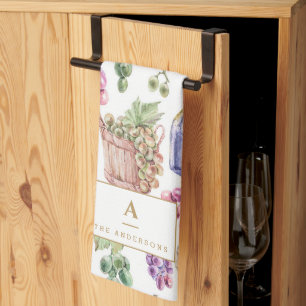 Rustic Wine Cheese Grapes Watercolor Monogram Kitchen Towel