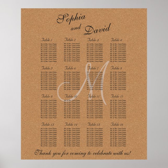 Rustic Wine Cork Monogram Seating Chart 16 (Front)