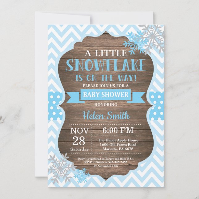 Rustic Winter Baby Shower Blue Snowflake Invitation (Front)
