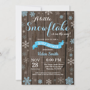 Rustic Winter Baby Shower Blue White Snowflake Invitation