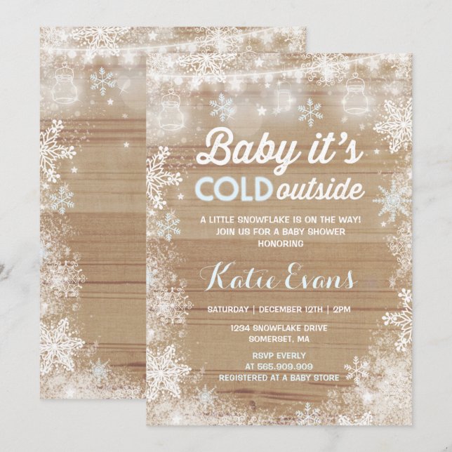 Rustic Winter Baby Shower Invitation Blue & White (Front/Back)