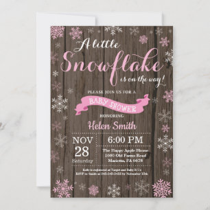 Rustic Winter Baby Shower Pink White Snowflake Invitation
