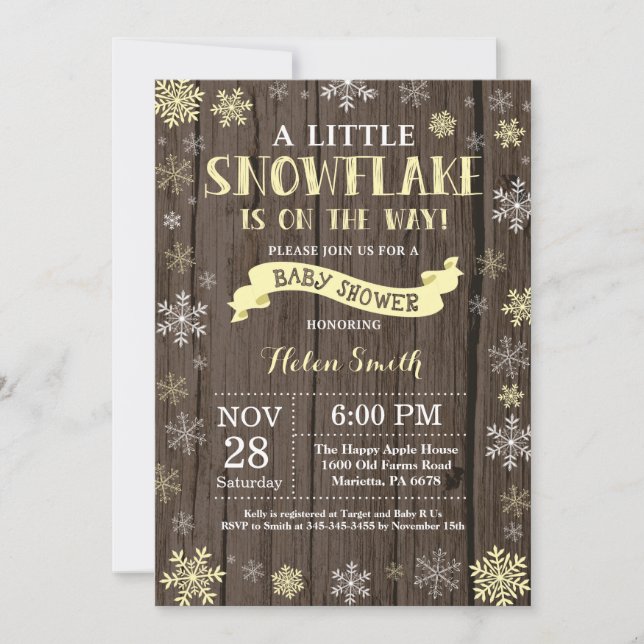 Rustic Winter Baby Shower Yellow Snowflake Invitation (Front)