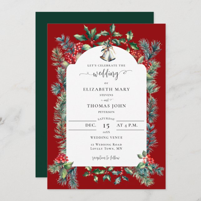 Rustic Winter Berries Frame Green Red Wedding Invitation (Front/Back)