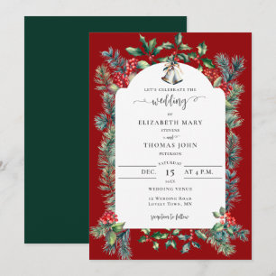 Rustic Winter Berries Frame Green Red Wedding Invitation