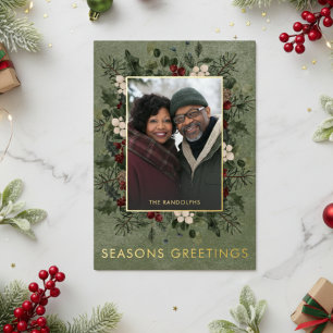 Rustic Winter Berries Green Christmas Greetings Foil Holiday Card