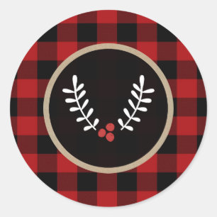 Rustic Winter Berries Holiday Red Buffalo Plaid Classic Round Sticker