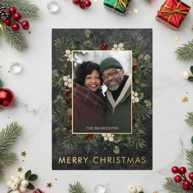 Rustic Winter Berries & Pine Black Christmas Foil Holiday Card (Creator Uploaded)