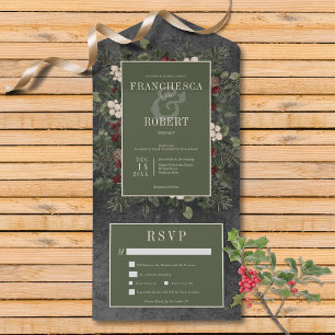 Rustic Winter Berries & Pine Black Dinner All In One Invitation