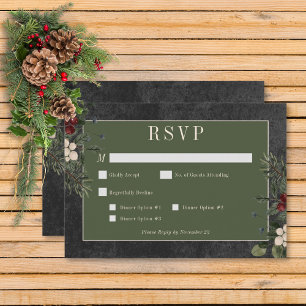 Rustic Winter Berries & Pine Black Dinner RSVP Card