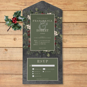 Rustic Winter Berries & Pine Black Three Dinner All In One Invitation