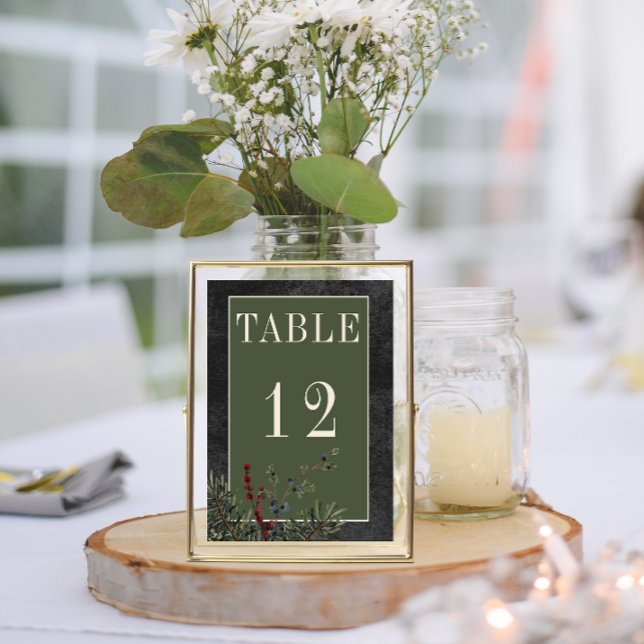 Rustic Winter Berries & Pine Black Wedding Table Number (Rustic winter Berries & Pine Black Wedding Table Numbers)