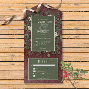 Rustic Winter Berries & Pine Burgundy Dinner All In One Invitation