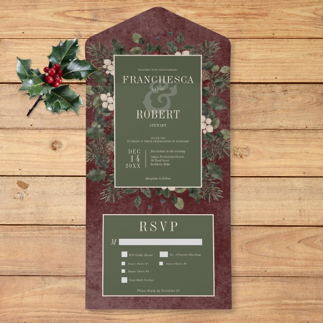 Rustic Winter Berries & Pine Burgundy Three Dinner All In One Invitation (Rustic Winter Berries & Pine Burgundy Three Dinner All In One Invitation)