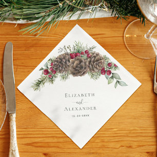 Rustic Winter Berries Pine Cone Christmas Wedding Napkin