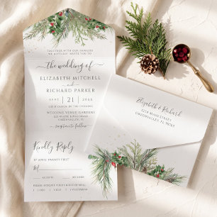 Rustic Winter Berries Pine Cone Greenery All In One Invitation