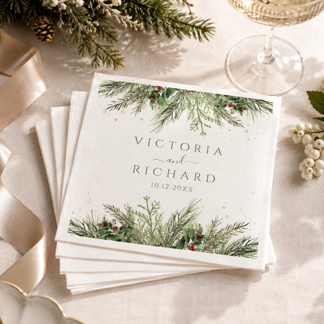 Rustic Winter Berries Pine Cone Greenery Wedding Napkin (Creator Uploaded)