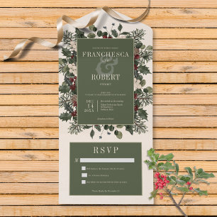 Rustic Winter Berries & Pine Cream No Dinner All In One Invitation