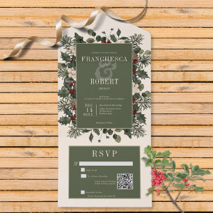Rustic Winter Berries & Pine Cream QR Code All In One Invitation