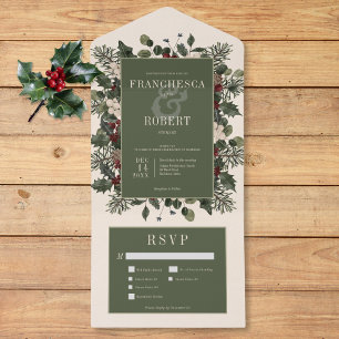 Rustic Winter Berries & Pine Cream Three Dinner All In One Invitation