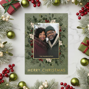 Rustic Winter Berries & Pine Green Christmas Foil Holiday Card