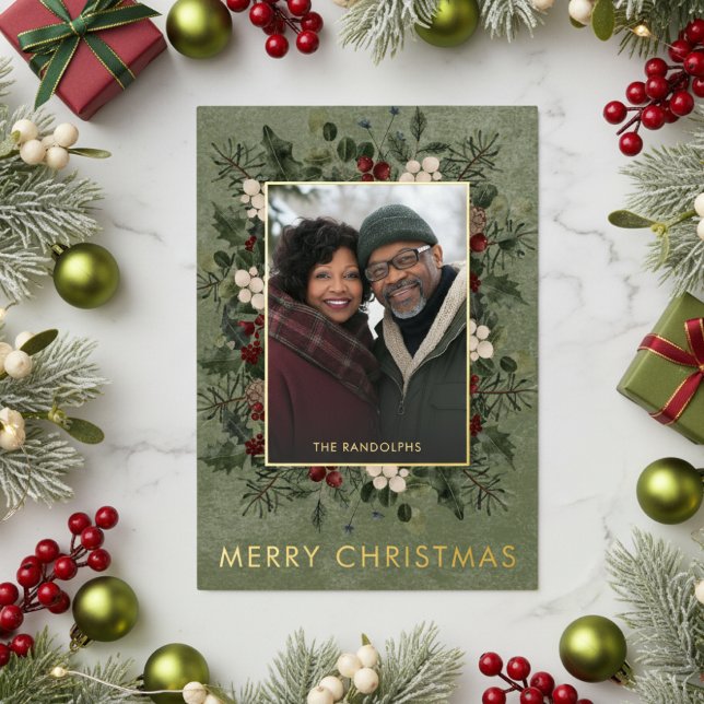 Rustic Winter Berries & Pine Green Christmas Foil Holiday Card (Creator Uploaded)