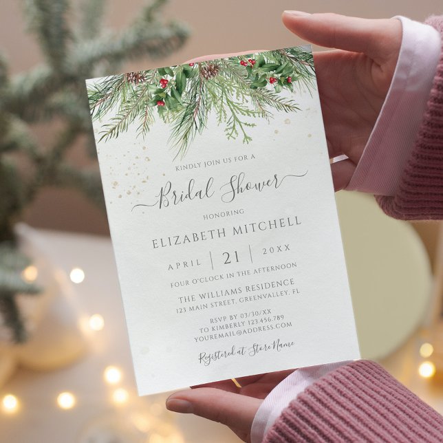 Rustic Winter Berries Pine Greenery Bridal Shower Invitation (Creator Uploaded)