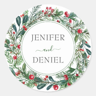 Rustic Winter Berry Pine Greenery Wedding Classic Round Sticker
