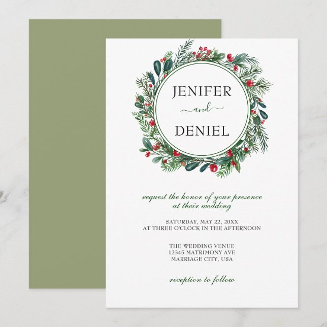 Rustic Winter Berry Pine Greenery Wedding Invitation (Front/Back)