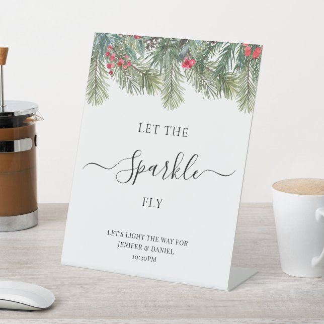 Rustic Winter Berry Pine Greenery Wedding Pedestal Sign (In SItu)