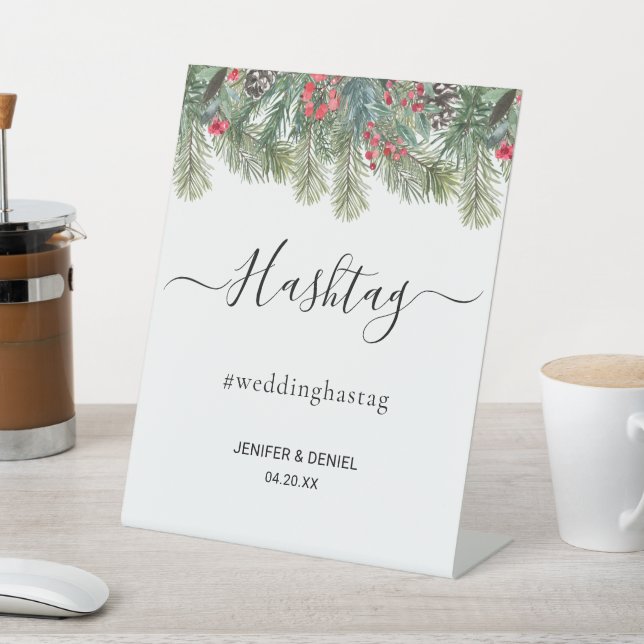 Rustic Winter Berry Pine Greenery Wedding Pedestal Sign (In SItu)