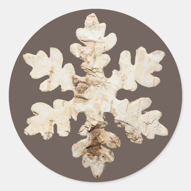 Rustic winter Birchwood snowflake brown white Classic Round Sticker (Front)