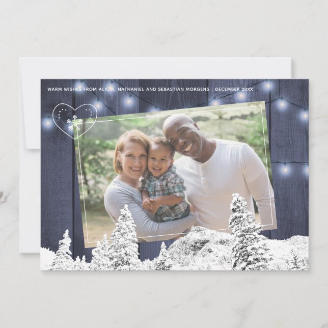 Rustic winter blue barn wood twinkle lights photo holiday card (Front)