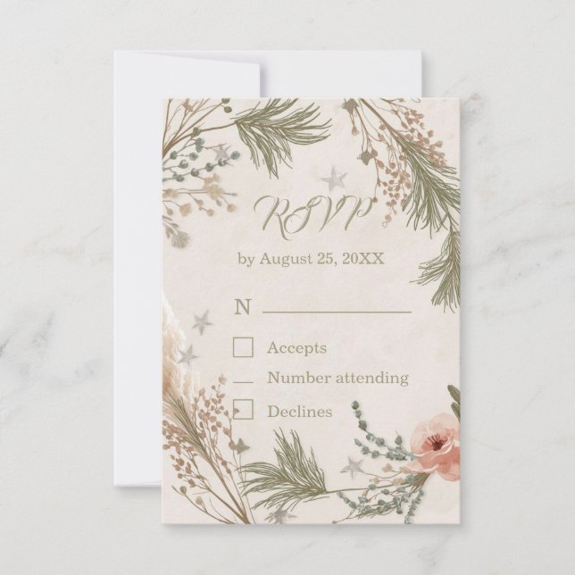 Rustic Winter Boho RSVP Card with Pine Branches (Front)
