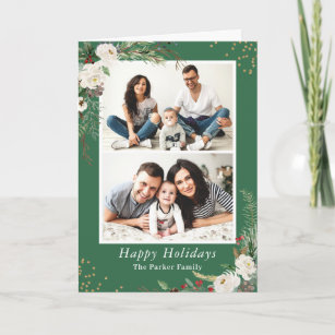Rustic Winter Botanical Floral 2 Photo Folded Holiday Card