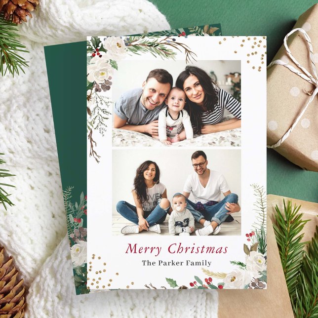Rustic Winter Botanical Floral 2 Photos Christmas Holiday Card (Creator Uploaded)