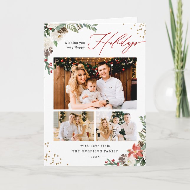 Rustic Winter Botanical Floral Script 3 Photo Holiday Card (Front)